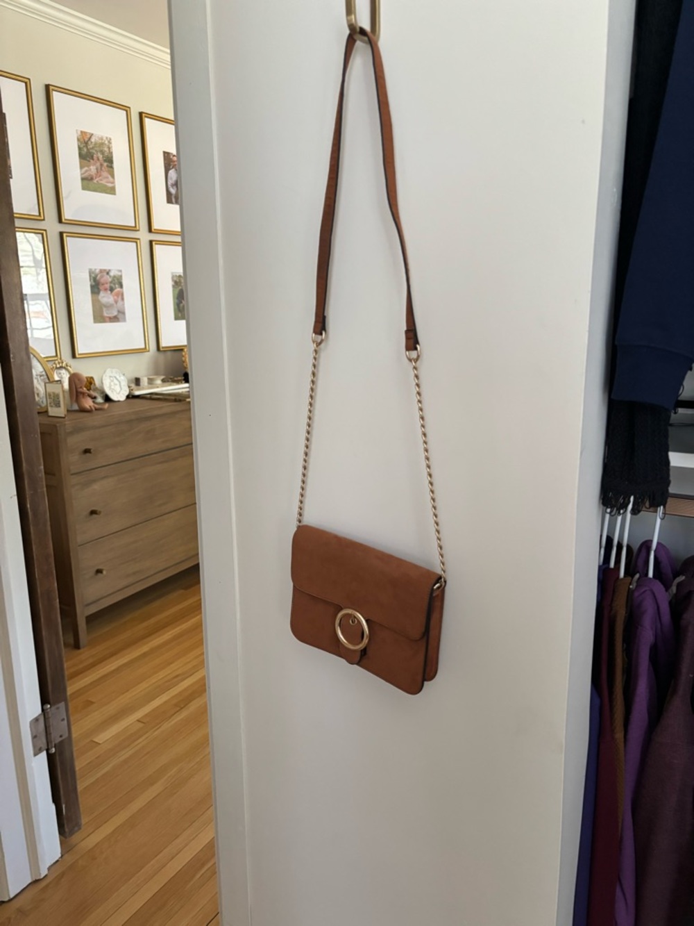 Women's Brown Suede Crossbody Bag with Gold Ring Accent - Picture 2 of 3